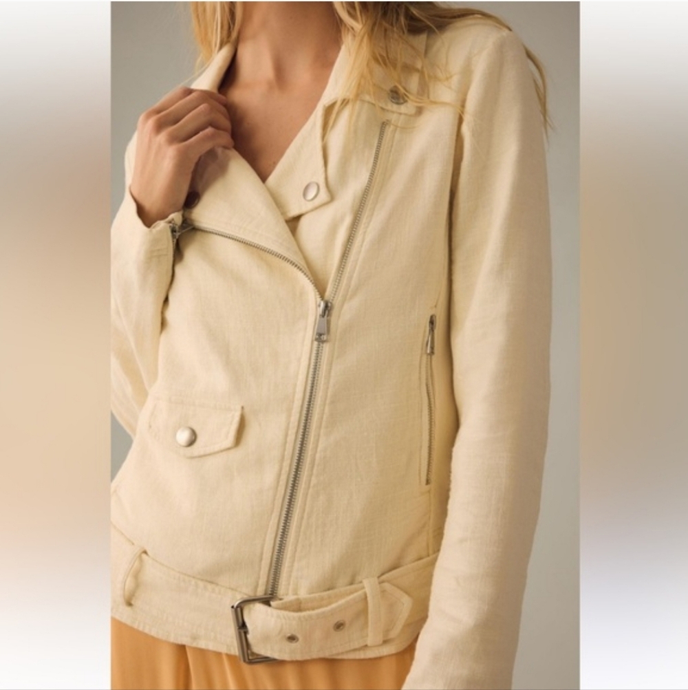 By Anthropologie Linen Moto Jacket Ivory Belted Assymetric Zip Medium